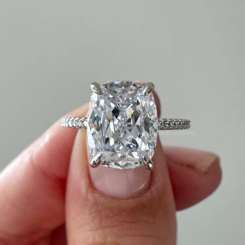 3.50ct Elongated Cushion Cut Moissanite Engagement Ring, Hidden Halo, Long Cushion Cut Moissanite, Sterling Silver with Vermeil