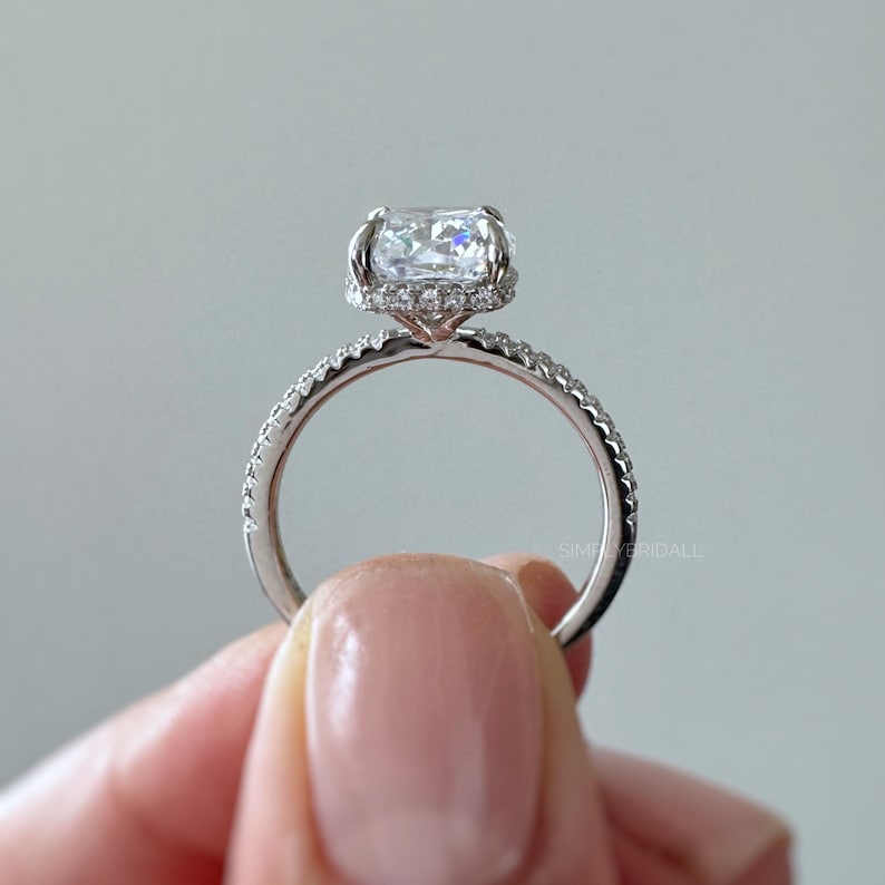 5.00ct Elongated Cushion Cut Moissanite Engagement Ring, Hidden Halo, Long Cushion Cut Moissanite, Sterling Silver with Vermeil