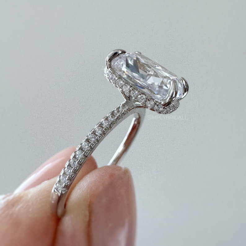 4.00ct Elongated Cushion Cut Moissanite Engagement Ring, Hidden Halo, Long Cushion Cut Moissanite, Sterling Silver with Vermeil