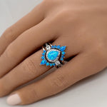 Load image into Gallery viewer, Blue Opal Engagement Ring Set, 3 Ring Set Art Deco Fitted Blue Opal Ring Set, Blue Opal Bridal Set, Wedding Ring Blue Opal Band, Bridal Set