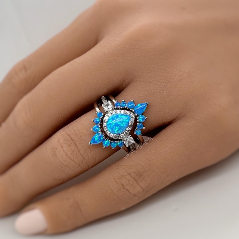 Blue Opal Engagement Ring Set, 3 Ring Set Art Deco Fitted Blue Opal Ring Set, Blue Opal Bridal Set, Wedding Ring Blue Opal Band, Bridal Set