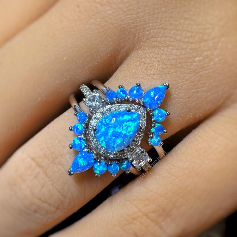 Blue Opal Engagement Ring Set, 3 Ring Set Art Deco Fitted Blue Opal Ring Set, Blue Opal Bridal Set, Wedding Ring Blue Opal Band, Bridal Set
