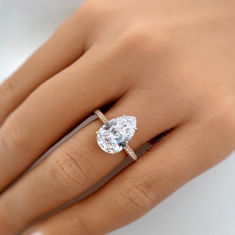 3.00ct Pear Diamond Engagement Ring, Hidden Halo Claw Prong Teardrop Solitaire, Bridal Ring, Proposal Ring, Simulated Diamond