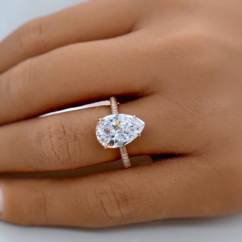 3.00ct Pear Moissanite Engagement Ring, Teardrop Solitaire Ring, Hidden Halo Bridal Ring, Proposal Ring, Pear Moissanite Ring