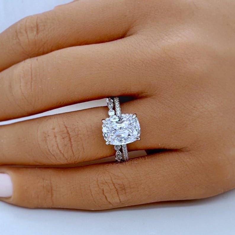 4.00ct Elongated Cushion Cut Diamond Engagement Ring, Hidden Halo, Long Cushion Cut Lab Grown Diamond, 14k