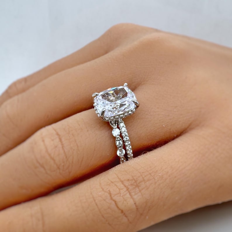4.00ct Elongated Cushion Cut Moissanite Engagement Ring, Hidden Halo, Long Cushion Cut Moissanite, Sterling Silver with Vermeil