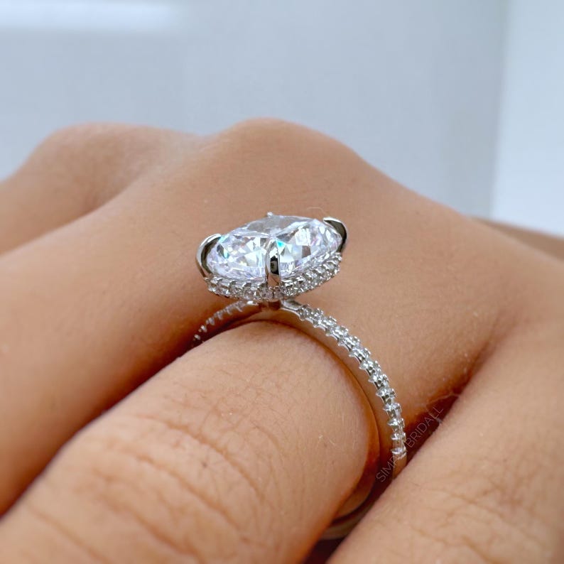 3.50ct Elongated Cushion Cut Moissanite Engagement Ring, Hidden Halo, Long Cushion Cut Moissanite, Sterling Silver with Vermeil