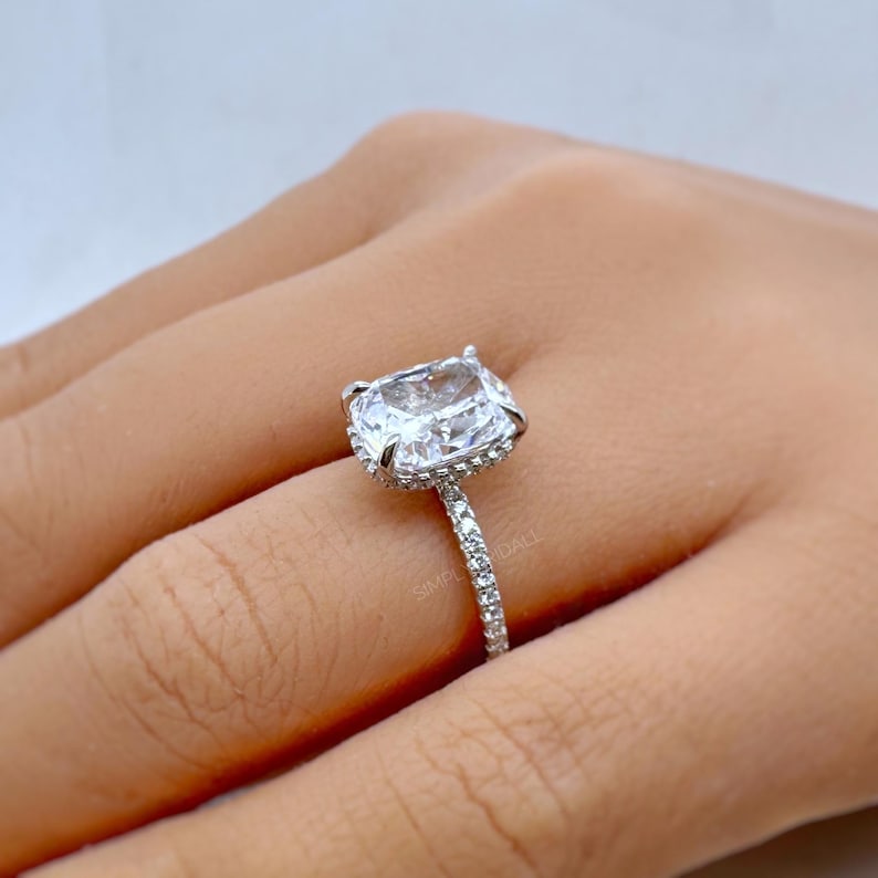 5.00ct Elongated Cushion Cut Moissanite Engagement Ring, Hidden Halo, Long Cushion Cut Moissanite, Sterling Silver with Vermeil