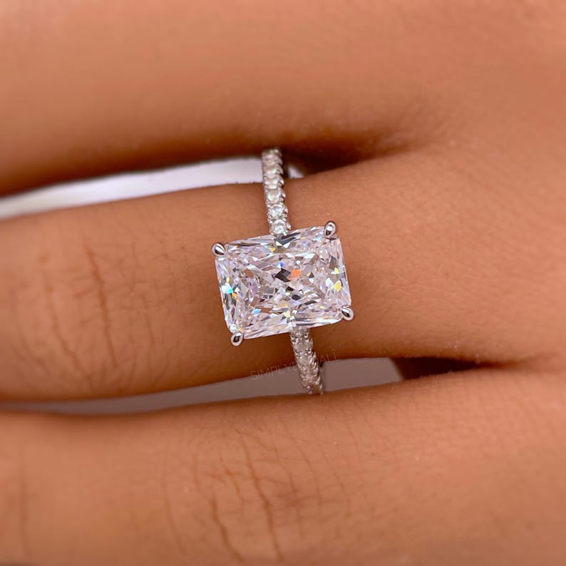 2.50ct Radiant Cut Engagement Ring, Radiant Solitaire Ring, Simulated Diamond, Sterling Silver, Gold, Rose Gold Vermeil, Dainty Minimalist