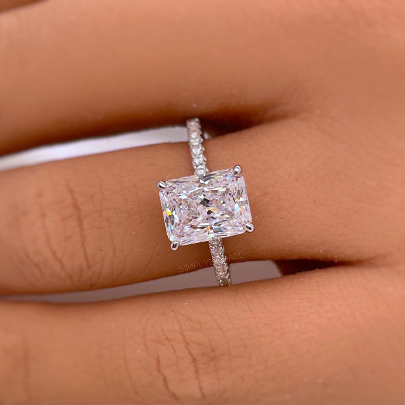 2.50ct Radiant Cut Engagement Ring, Radiant Solitaire Ring, Simulated Diamond, Sterling Silver, Gold, Rose Gold Vermeil, Dainty Minimalist