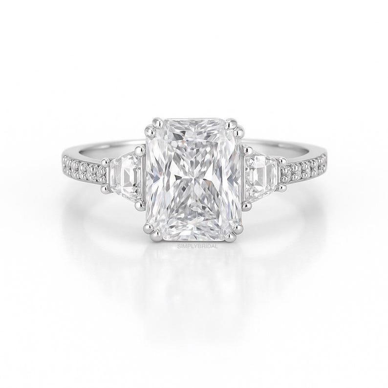 2.00ct Radiant Cut Engagement Ring, Radiant & Trapezoid Diamond Solitaire Ring, Simulated Diamonds, Sterling Silver with Vermeil, Minimalist