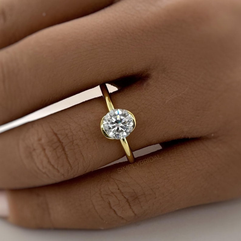 1.00ct Round Moissanite Solitaire Ring, Bezel Moissanite Engagement Ring, Bridal Ring, Proposal Ring, Sterling Silver with Vermeil
