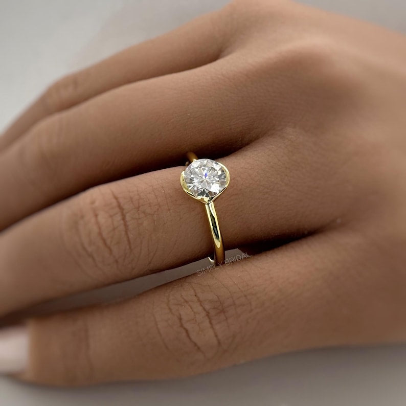 1.00ct Round Moissanite Solitaire Ring, Bezel Moissanite Engagement Ring, Bridal Ring, Proposal Ring, Sterling Silver with Vermeil