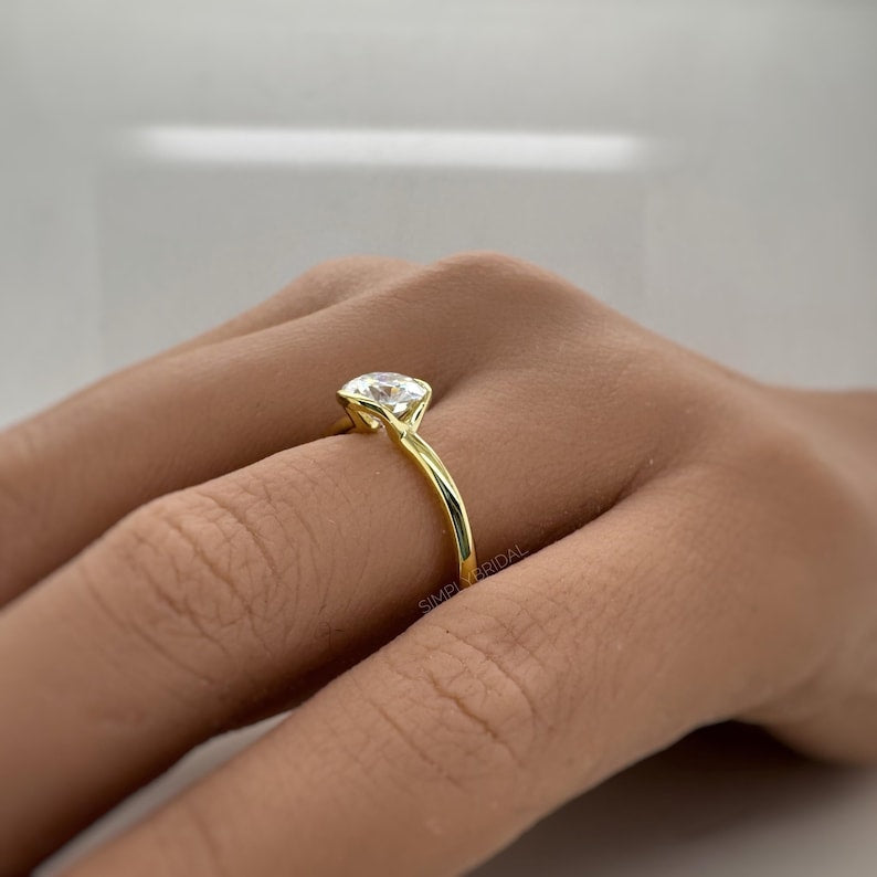 1.00ct Round Moissanite Solitaire Ring, Bezel Moissanite Engagement Ring, Bridal Ring, Proposal Ring, Sterling Silver with Vermeil