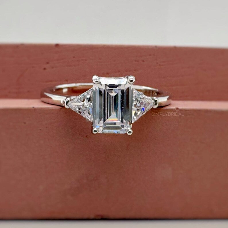 1.00ct Emerald Cut Moissanite Engagement Ring, Emerald Cut with Trapezoid Accent Stones, Genuine Moissanite GRA Certified, 3 Stone Ring