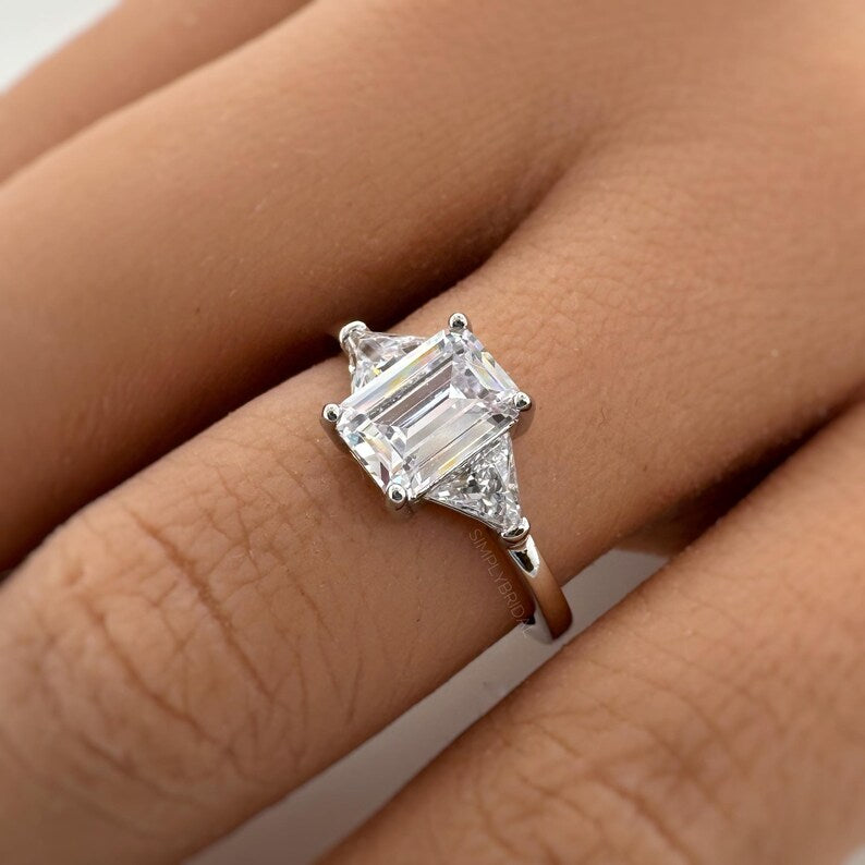 1.00ct Emerald Cut Moissanite Engagement Ring, Emerald Cut with Trapezoid Accent Stones, Genuine Moissanite GRA Certified, 3 Stone Ring