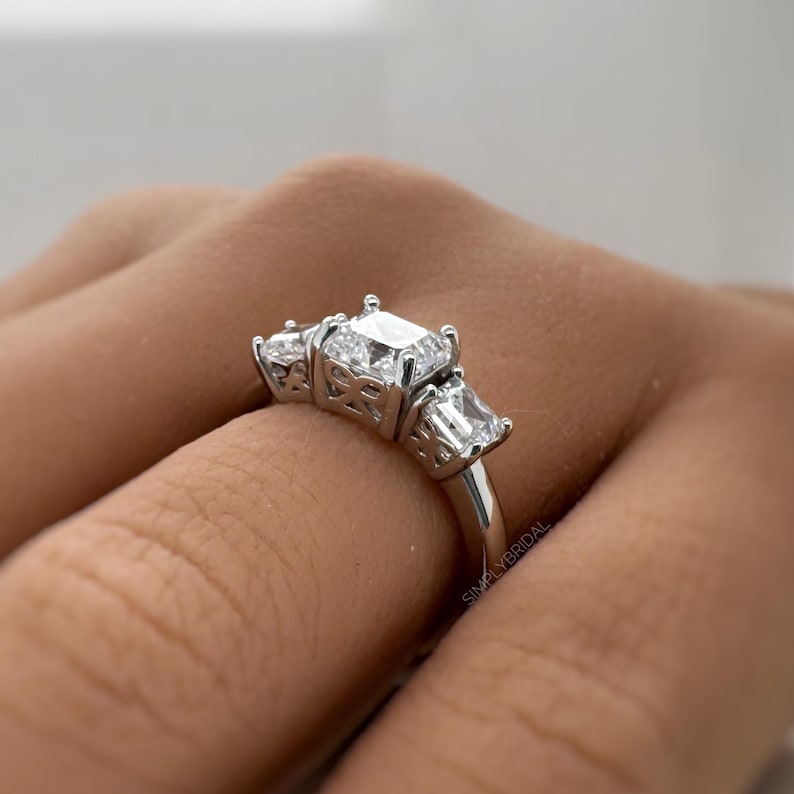 2.00ct Asscher Cut Moissanite Ring, 3 Stone Asscher Moissanite Ring, Engagement Ring, Proposal Ring, Bridal Ring, Asscher Ring