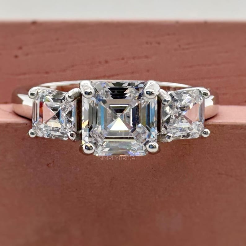 2.00ct Asscher Cut Moissanite Ring, 3 Stone Asscher Moissanite Ring, Engagement Ring, Proposal Ring, Bridal Ring, Asscher Ring