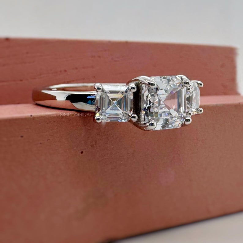 2.00ct Asscher Cut Moissanite Ring, 3 Stone Asscher Moissanite Ring, Engagement Ring, Proposal Ring, Bridal Ring, Asscher Ring