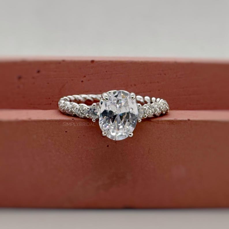 2.50ct Oval Moissanite Engagement Ring, Solitaire Oval Moissanite Ring, Sterling Silver with Vermeil, Rope Band, Rope Twist Ring
