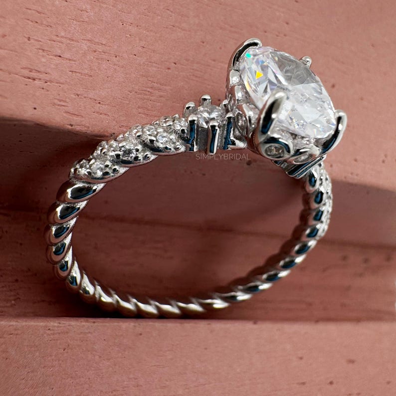 2.50ct Oval Moissanite Engagement Ring, Solitaire Oval Moissanite Ring, Sterling Silver with Vermeil, Rope Band, Rope Twist Ring