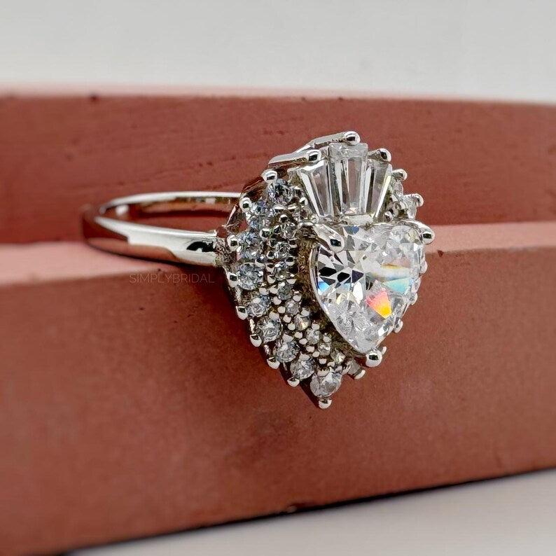 Art Deco Heart Moissanite Engagement Ring, Heart Ring, Heart Moissanite Statement Ring, Large Heart Ring, Art Deco Engagement Ring