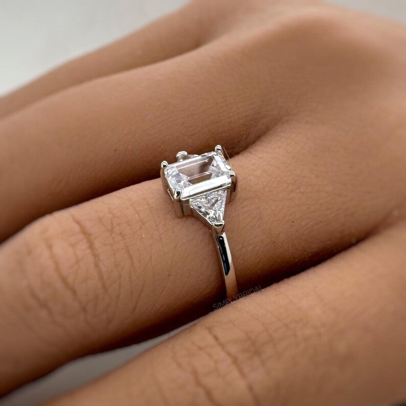 1.00ct Emerald Cut Moissanite Engagement Ring, Emerald Cut with Trapezoid Accent Stones, Genuine Moissanite GRA Certified, 3 Stone Ring