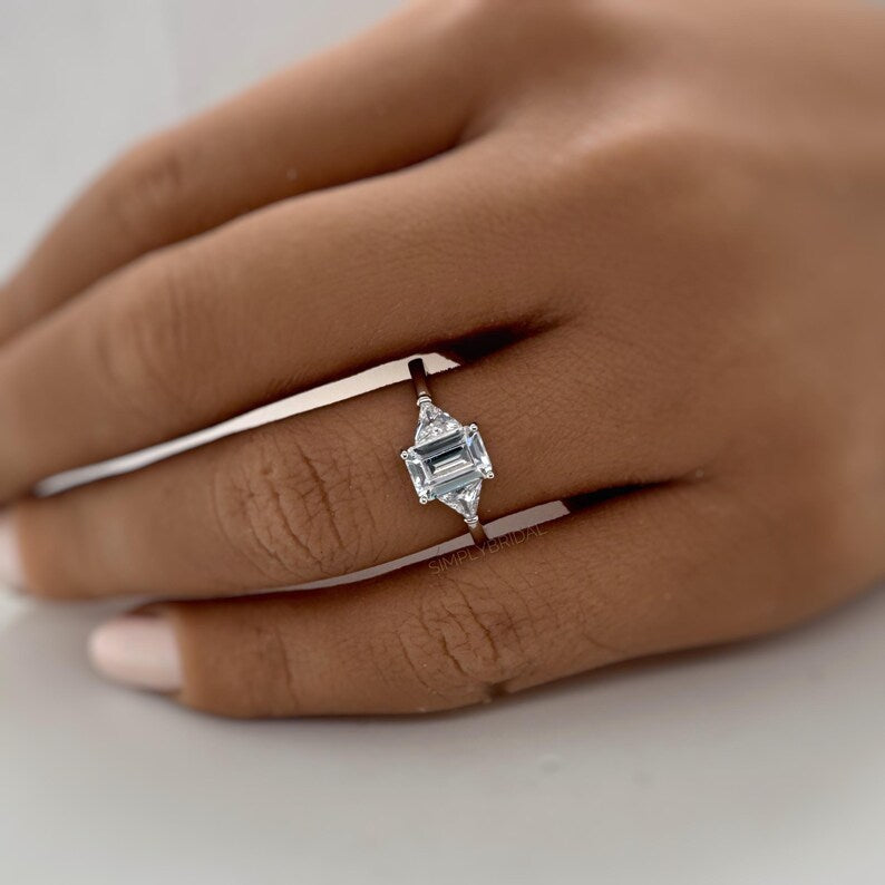 1.00ct Emerald Cut Moissanite Engagement Ring, Emerald Cut with Trapezoid Accent Stones, Genuine Moissanite GRA Certified, 3 Stone Ring