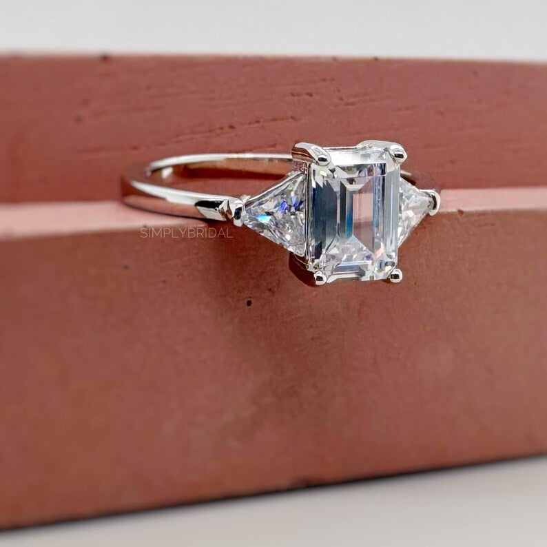 1.00ct Emerald Cut Moissanite Engagement Ring, Emerald Cut with Trapezoid Accent Stones, Genuine Moissanite GRA Certified, 3 Stone Ring