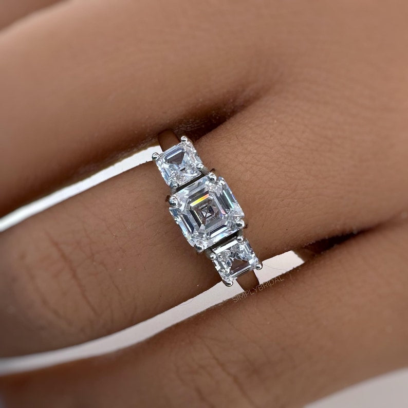 2.00ct Asscher Cut Moissanite Ring, 3 Stone Asscher Moissanite Ring, Engagement Ring, Proposal Ring, Bridal Ring, Asscher Ring