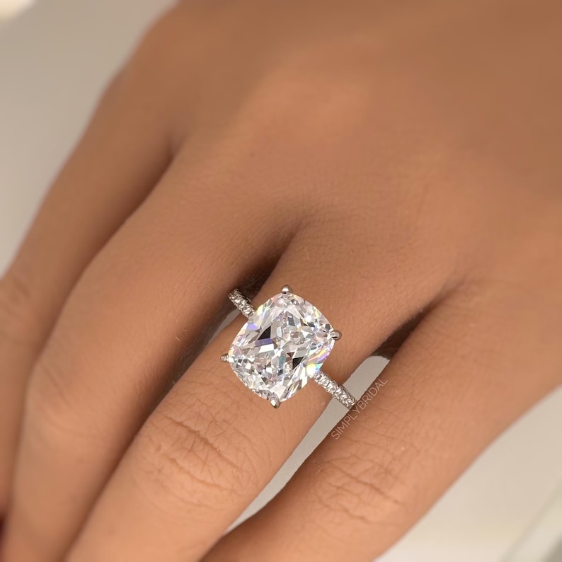 5.00ct Elongated Cushion Cut Moissanite Engagement Ring, Hidden Halo, Long Cushion Cut Moissanite, Sterling Silver with Vermeil