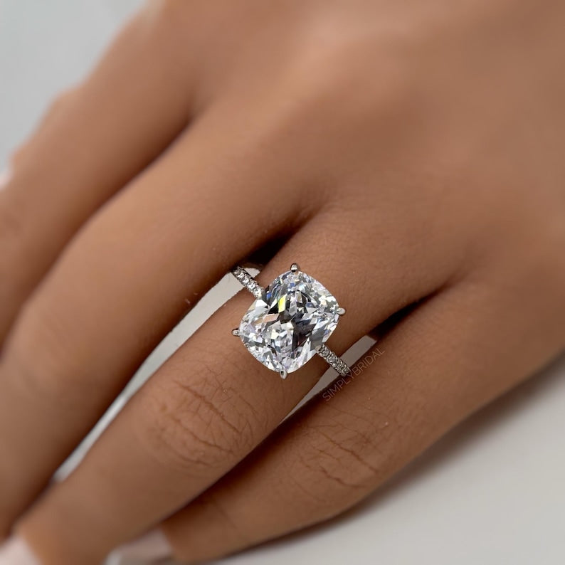 5.00ct Elongated Cushion Cut Moissanite Engagement Ring, Hidden Halo, Long Cushion Cut Moissanite, Sterling Silver with Vermeil