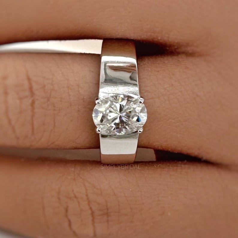 Oval Moissanite Ring, Thick Bank Engagement Ring, Oval Moissanite, Sterling Silver, Bold Modern Engagement Ring