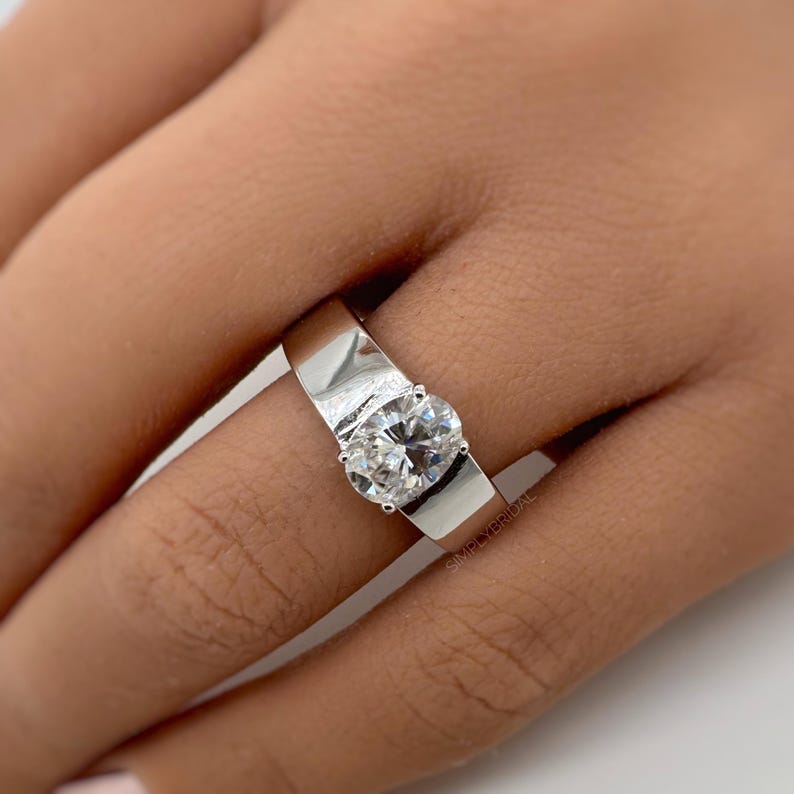 Oval Moissanite Ring, Thick Bank Engagement Ring, Oval Moissanite, Sterling Silver, Bold Modern Engagement Ring