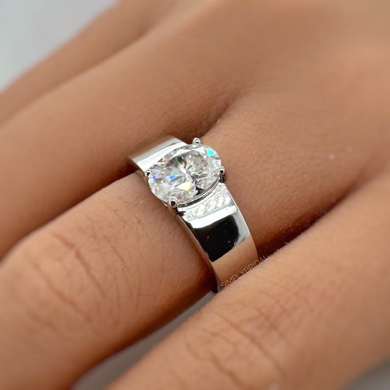 Oval Moissanite Ring, Thick Bank Engagement Ring, Oval Moissanite, Sterling Silver, Bold Modern Engagement Ring