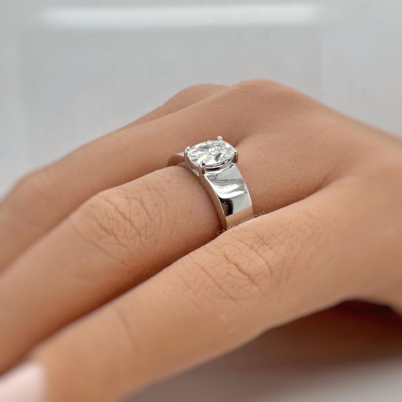 Oval Moissanite Ring, Thick Bank Engagement Ring, Oval Moissanite, Sterling Silver, Bold Modern Engagement Ring