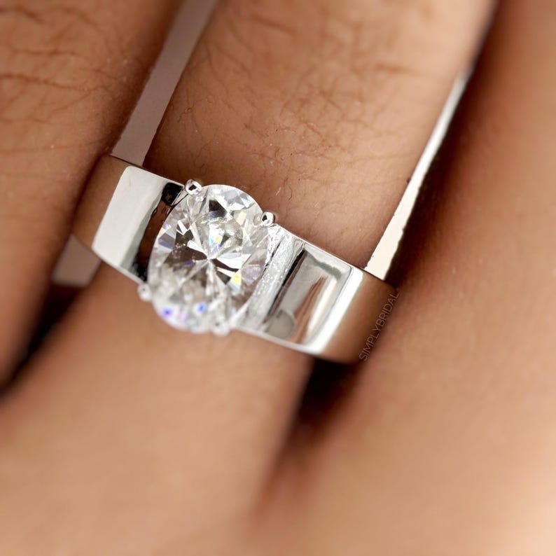 Oval Moissanite Ring, Thick Bank Engagement Ring, Oval Moissanite, Sterling Silver, Bold Modern Engagement Ring