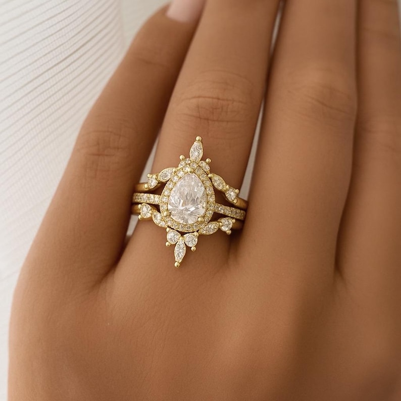 1.00ct Pear Halo Ring Set, 3 Ring Set, Art Deco Pear Marquise Bands, Teardrop Engagement Ring Set, Wedding Set Sterling Silver with Vermeil