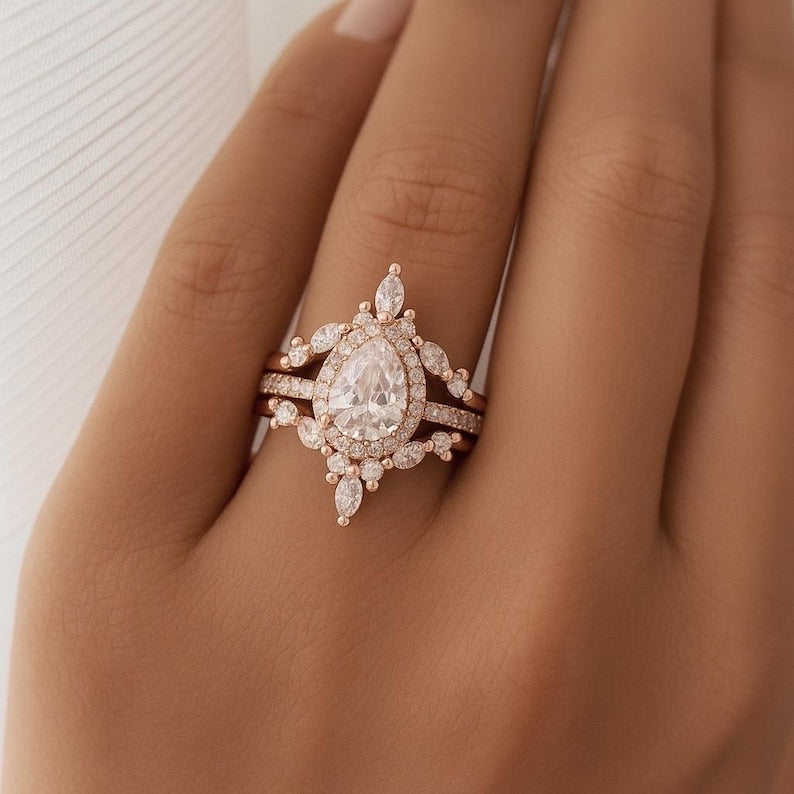 1.00ct Pear Halo Ring Set, 3 Ring Set, Art Deco Pear Marquise Bands, Teardrop Engagement Ring Set, Wedding Set Sterling Silver with Vermeil