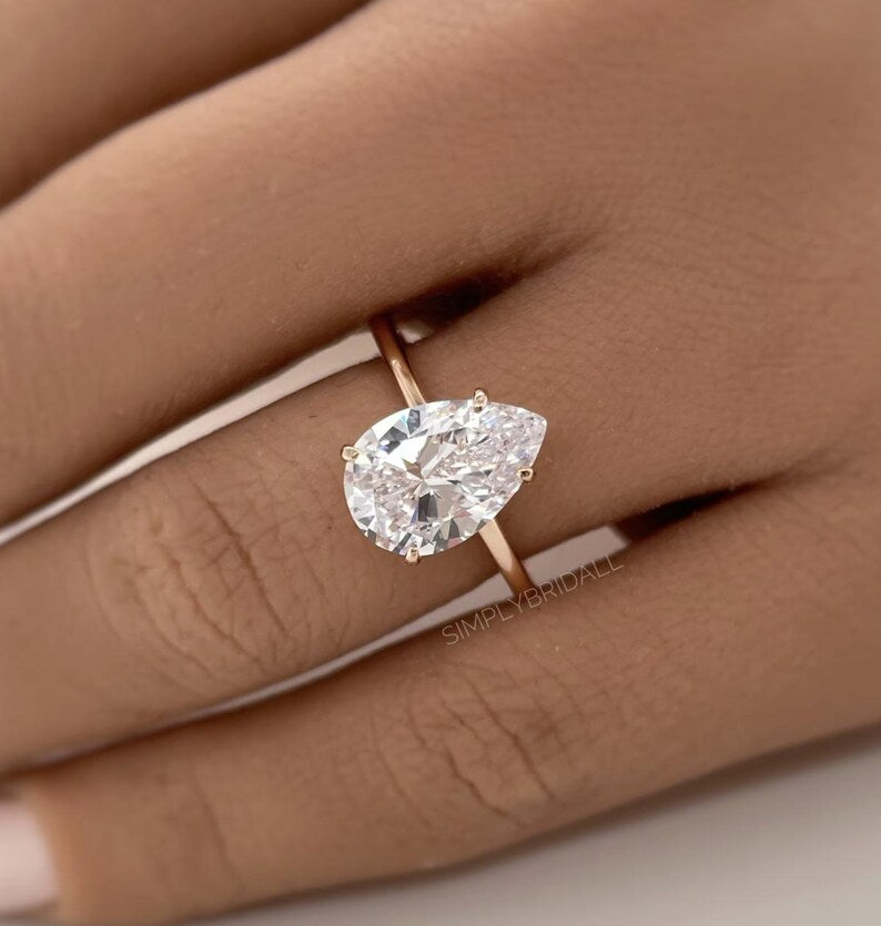 4.00ct Pear Moissanite Engagement Ring, Pear Shape Proposal Ring, Teardrop Moissanite Solitaire, Bridal Ring, Sterling Silver with Vermeil