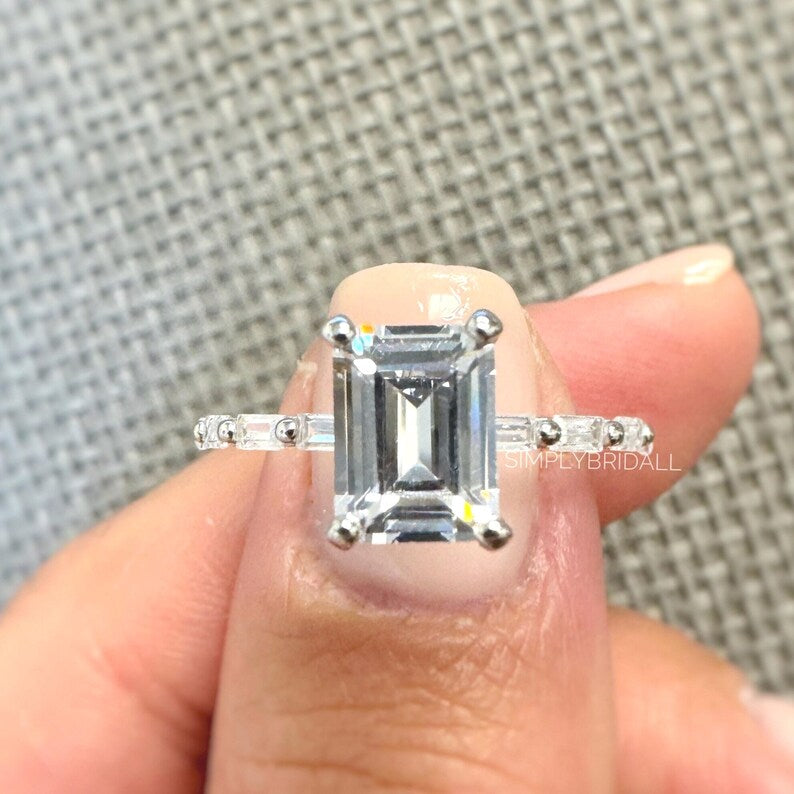 1.75ct Emerald Cut Engagement Ring, Emerald Cut Baguette Band Ring, Emerald Cut CZ Baguette Ring Sterling Silver with Vermeil