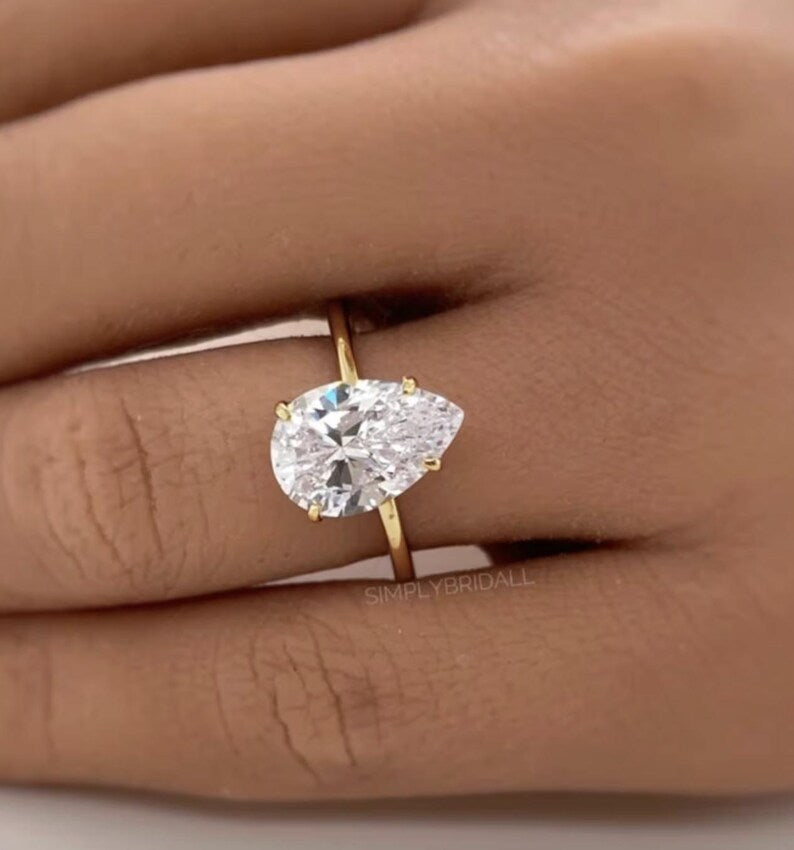 4.00ct Pear Moissanite Engagement Ring, Pear Shape Proposal Ring, Teardrop Moissanite Solitaire, Bridal Ring, Sterling Silver with Vermeil