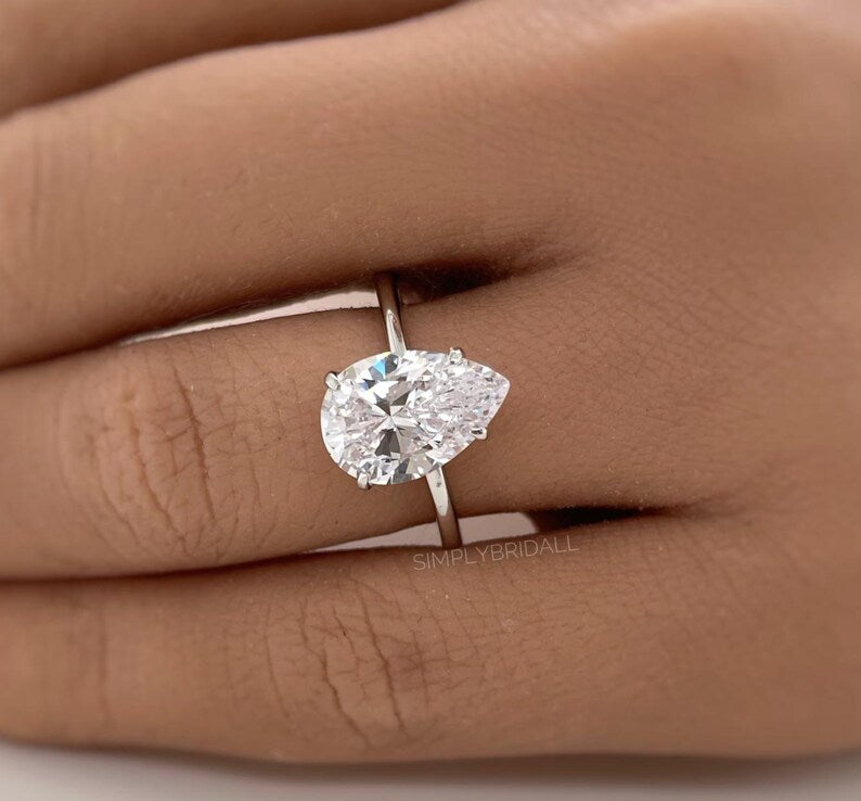 4.00ct Pear Moissanite Engagement Ring, Pear Shape Proposal Ring, Teardrop Moissanite Solitaire, Bridal Ring, Sterling Silver with Vermeil