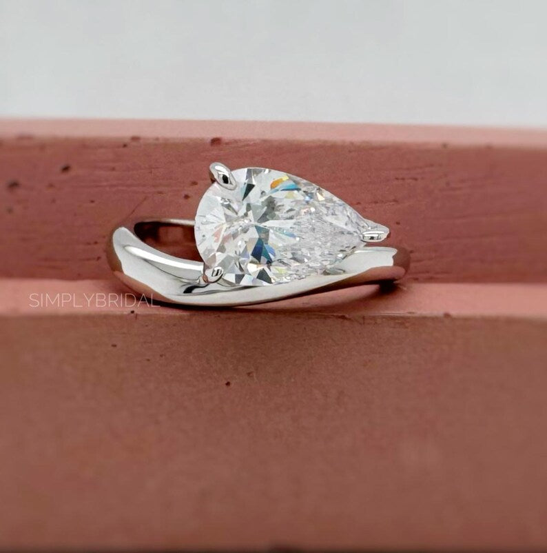 3.00ct Pear Moissanite Engagement Ring, Sideways Pear Moissanite, Statement Ring, Bridal, Pinky Ring, Sterling Silver with Vermeil 14k
