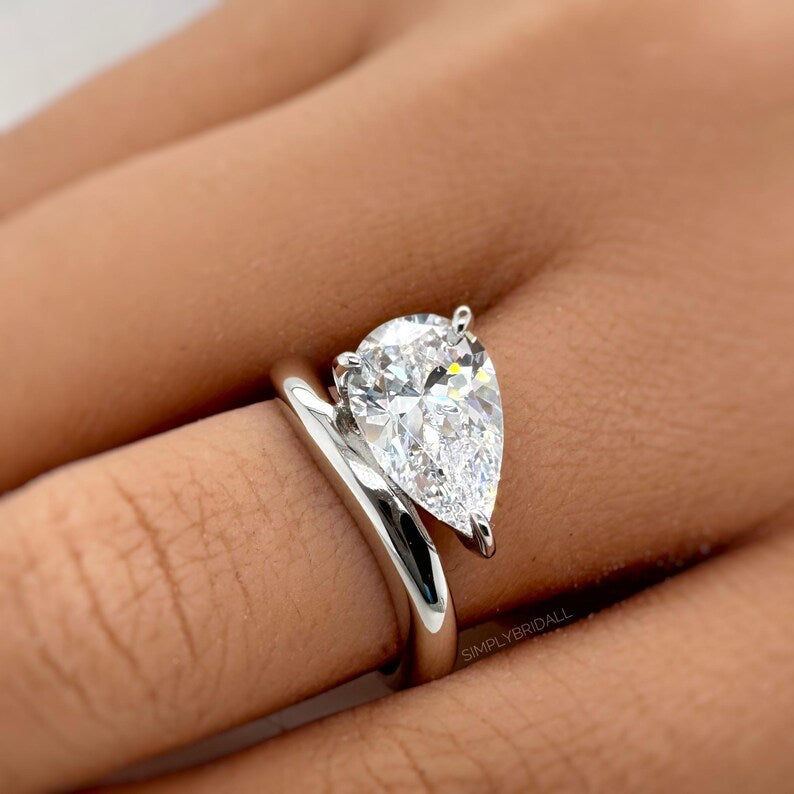 3.00ct Pear Moissanite Engagement Ring, Sideways Pear Moissanite, Statement Ring, Bridal, Pinky Ring, Sterling Silver with Vermeil 14k