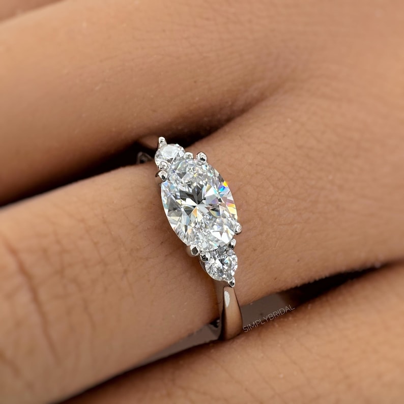 Oval Moissanite Ring, 3 Stone Oval Moissanite Ring, Sideways Oval Ring, Bridal Ring, Proposal Ring, Statement Ring, Sterling Silver, 14k