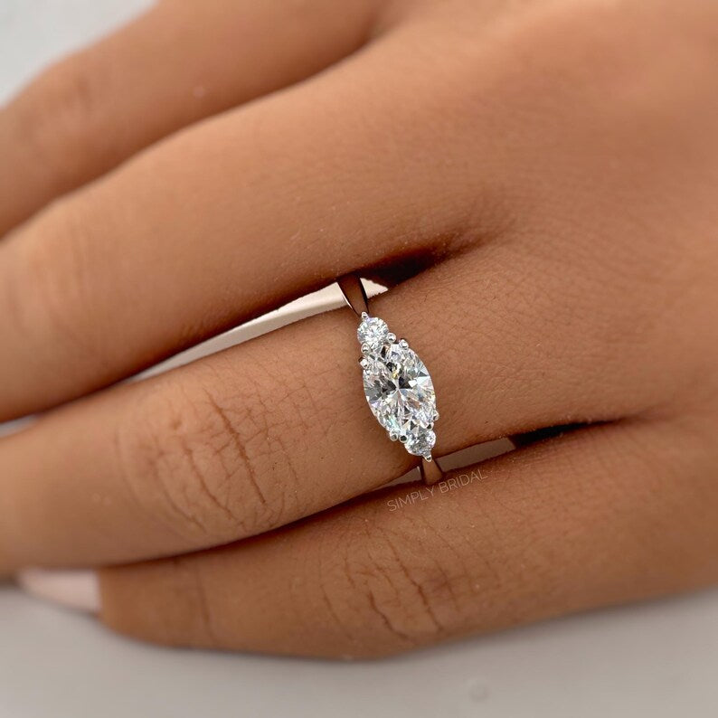 Oval Moissanite Ring, 3 Stone Oval Moissanite Ring, Sideways Oval Ring, Bridal Ring, Proposal Ring, Statement Ring, Sterling Silver, 14k