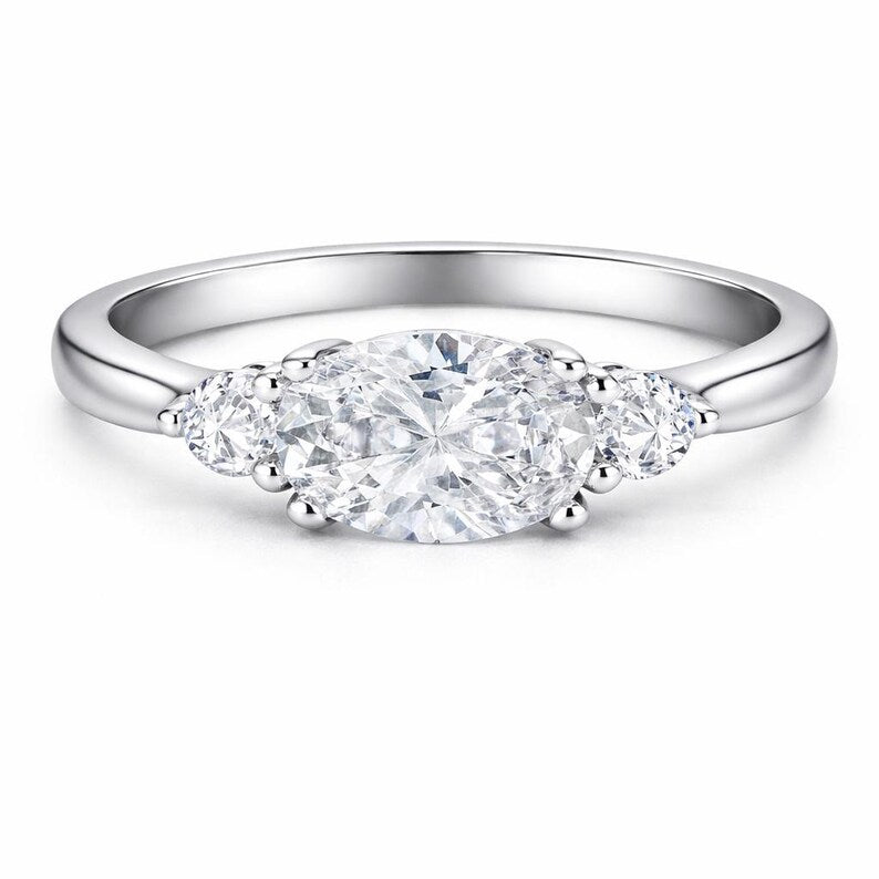 Oval Moissanite Ring, 3 Stone Oval Moissanite Ring, Sideways Oval Ring, Bridal Ring, Proposal Ring, Statement Ring, Sterling Silver, 14k