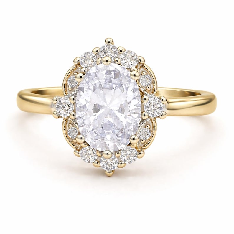Art Deco Oval Moissanite Engagement Ring, Art Deco Halo Oval Moissanite Ring, Sterling Silver with Vermeil