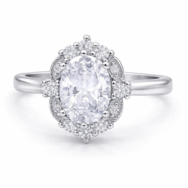 Art Deco Oval Moissanite Engagement Ring, Art Deco Halo Oval Moissanite Ring, Sterling Silver with Vermeil
